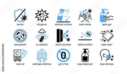 Hygiene and sanitization icons grid on white background