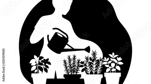 Schilderij op canvas Gardening Silhouette: Person Watering Plants in Pots
