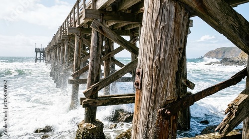 Weathered wooden pier standing strong against crashing ocean waves by the coast