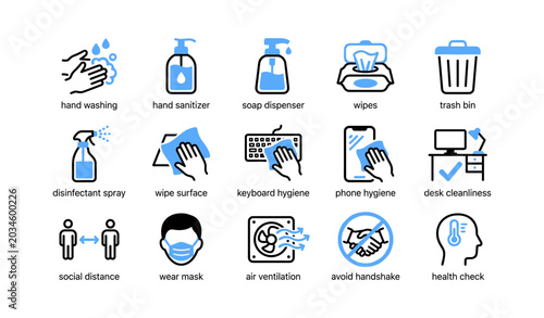 Hygiene and workplace safety icons arranged in grid layout