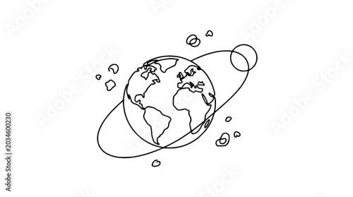 Foto Hand-drawn Earth orbit with abstract celestial bodies, minimalist space illustra