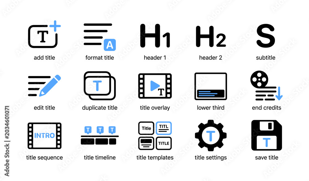 Fototapeta premium Title and caption icons for video editing displayed on white