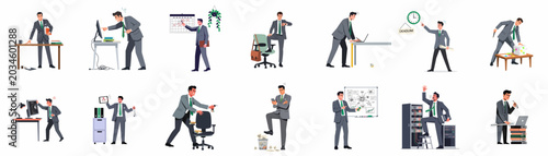 Bild auf Leinwand Illustrations of a stressed businessman in various office scenarios experiencing anger, tight deadlines, system failures, and overwhelming workloads in a flat design style