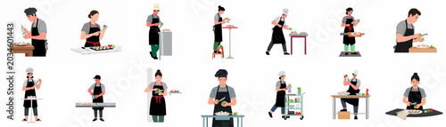 Bild auf Leinwand Collection of professional chefs in black aprons preparing dishes and zesting citrus fruits, isolated flat vector illustrations on white background