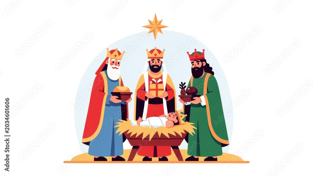 Fototapeta premium Three Wise Kings Offering Gifts to Baby Jesus