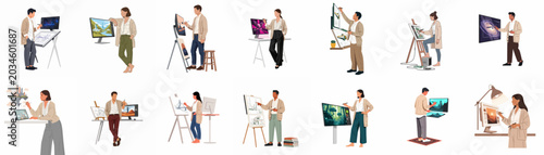 Diverse set of professional illustrators and designers using digital tablets, interactive screens, and traditional easels for various creative art and design projects.