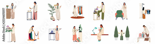 Bild auf Leinwand Vector illustrations of a professional woman in various roles including event planner, gallery curator, fashion boutique manager, and luxury concierge service provider
