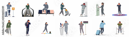 Foto Set of diverse people in comfortable travel wear and headphones navigating various airport locations like terminals, boarding gates, and check-in kiosks