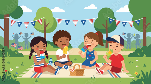 Diverse group of children enjoying ice cream at a summer picnic celebration with patriotic decorations