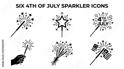 Set of Six 4th of July Sparkler Icons and Fireworks Illustrations