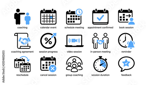Coaching and scheduling icons showing session types and reminders