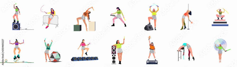 Fototapeta premium Collection of flat vector illustrations featuring a young woman in various energetic poses at a rave or music festival with glow sticks and speakers.