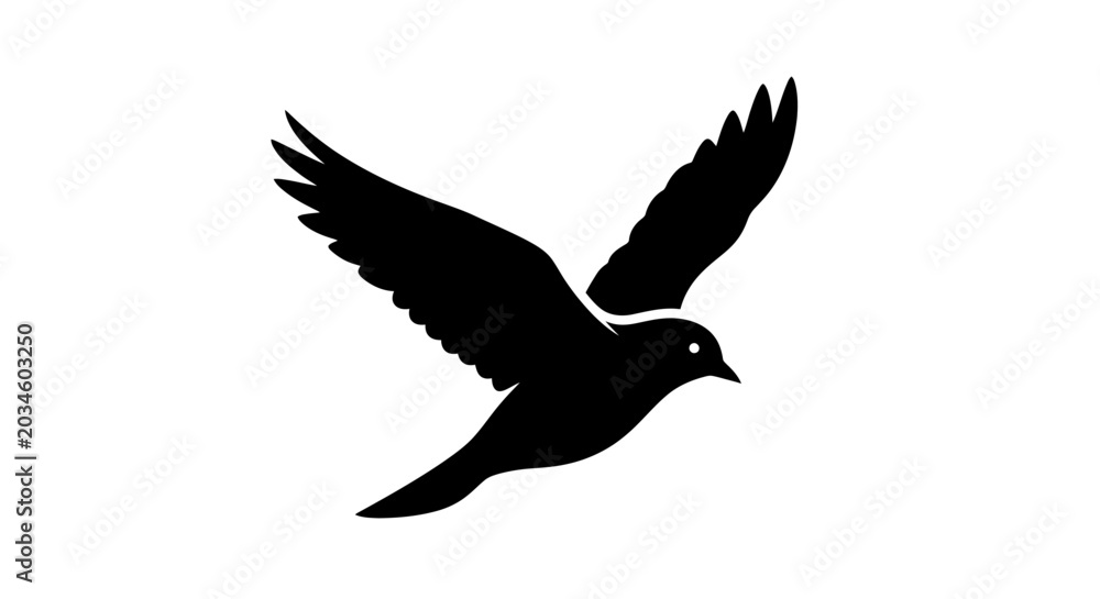 Obraz premium Black bird silhouette flying with wings spread on white background