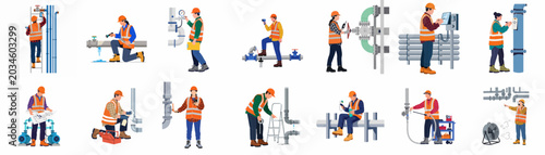Fotografia Collection of flat illustrations of industrial workers in safety gear performing maintenance, inspection, and repair tasks on various pipeline systems