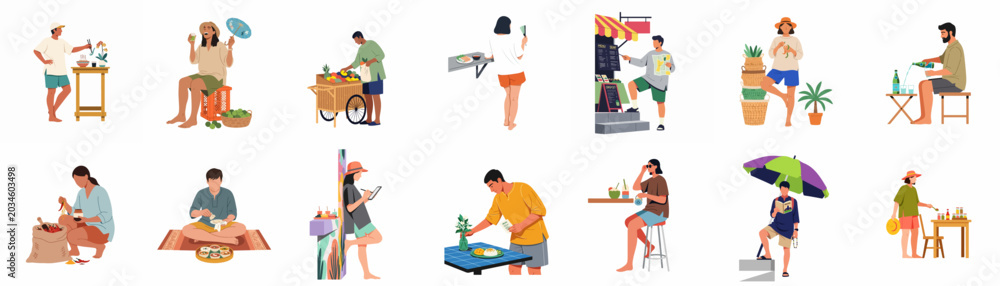 Fototapeta premium Flat vector illustrations of people enjoying diverse street food, travel activities, and local culture in a tropical or Southeast Asian setting.