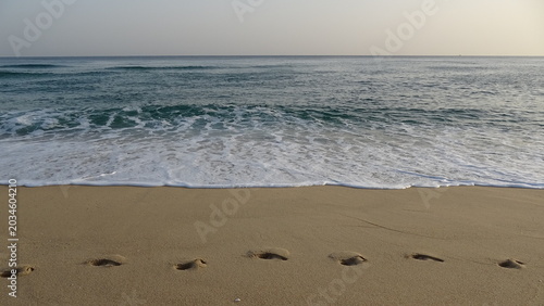 Quadro su tela Footprints on Sandy Beach towards Tranquil Morning Sea