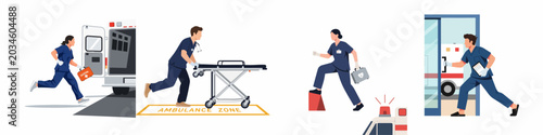 Photos Set of illustrations depicting emergency medical personnel, paramedics and nurses responding to urgent situations with ambulances, stretchers and medical kits