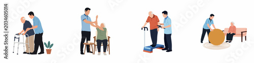 Obraz na płótnie Elderly rehabilitation and physical therapy illustrations collection featuring professional caregiver assisting senior patients with various exercises and mobility aids