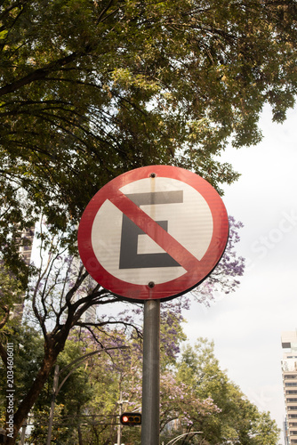 Urban no parking traffic sign surrounded by green trees in a modern city environment during daylight
