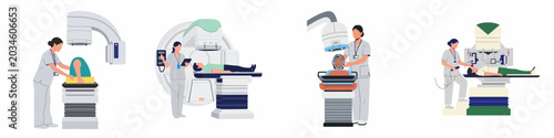 Foto A collection of illustrations showing medical professionals and patients undergoing various radiation therapy procedures for cancer treatment using advanced technology