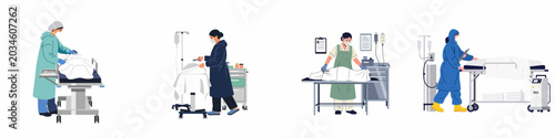 фотографія Illustrations of medical professionals in protective gear working with deceased bodies on gurneys in a clinical or morgue setting