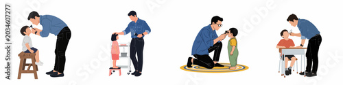 Tableau sur toile Flat illustration of a male doctor conducting medical examinations on various young children using an otoscope and flashlight