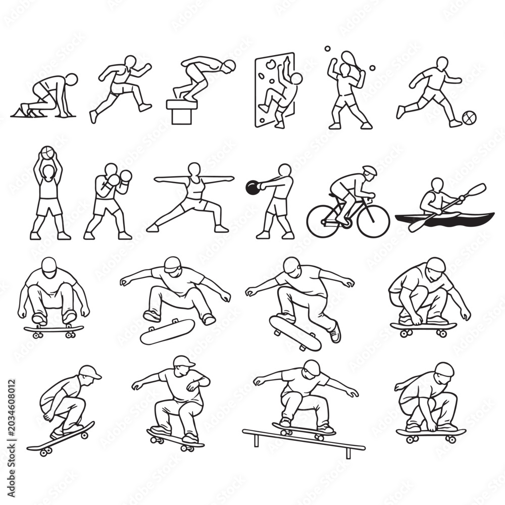 Obraz premium Extreme Sports CAD Line Art Set Skateboard Boxing Cycling Climbing Athlete Vector Collection