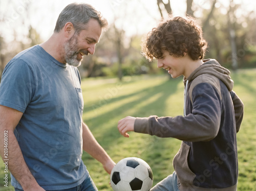 Cheerful father and teenage son holding soccer ball in park