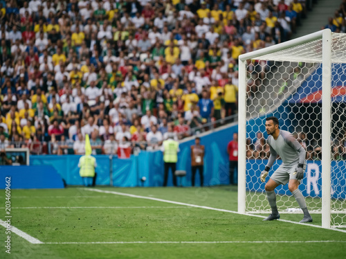 Striker Kicking Soccer Ball Past Diving Goalkeeper