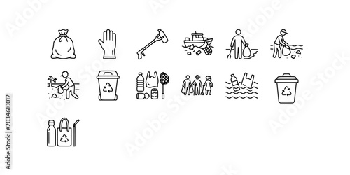 Fotografía Icon set collection of beach cleanup activities depicting waste recycling bins, plastic pollution gathering, eco volunteers, and environmental protection symbols