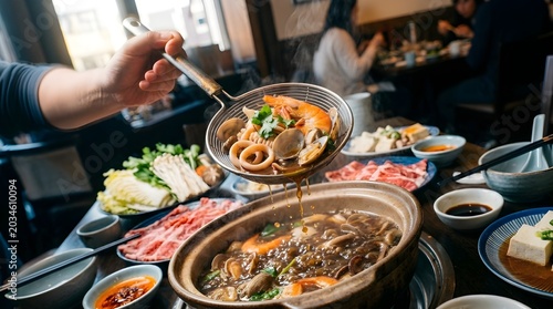 A hand skillfully serves an assortment of fresh seafood and crisp vegetables into a steaming hot pot, creating a vibrant and engaging communal dining experience in a busy restaurant