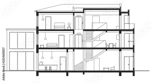 Modern architectural house cross section drawing with interior details