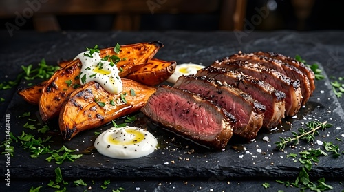 Gourmet Sliced Medium-Rare Beef Steak with Roasted Sweet Potato Wedges and Creamy Sauce on Black Slate Platter