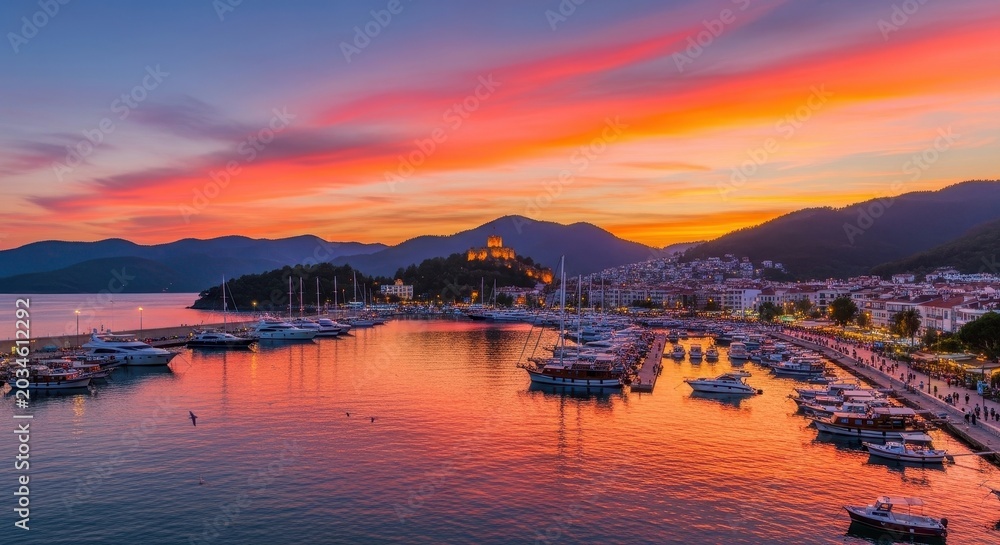 Fototapeta premium Vibrant Sunset Over Coastal Town Harbor with Boats and Mountains.