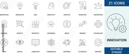 Bild auf Leinwand Innovation line icon set featuring idea, brain, creativity, technology, tech and