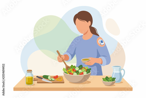 Woman with Smart Glucose Sensor Preparing Healthy Salad in Kitchen