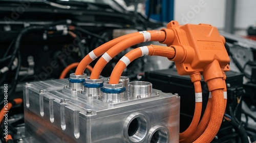 Close up view of a modern electric vehicle's high voltage power distribution system with orange cables connected to a metallic component Close up view of a modern electric vehicle's high