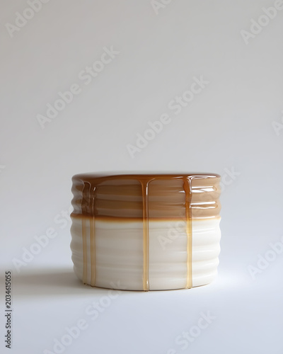 A simple ceramic pot with a unique two-tone glaze featuring a creamy white base and a rich caramel brown top with dripping accents