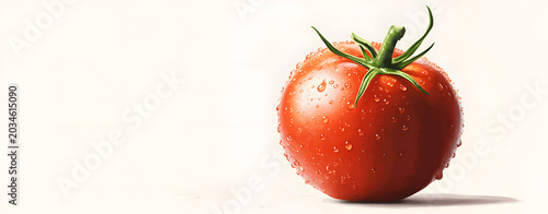 Close-up shot of a single, ripe red tomato glistening with water droplets against a clean white background, emphasizing freshness and natural beauty