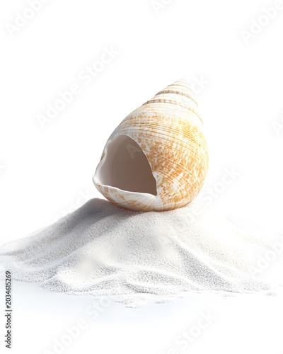A solitary seashell rests atop a gentle mound of fine white sand, isolated against a stark white background, evoking a sense of peaceful solitude and the essence of the seaside