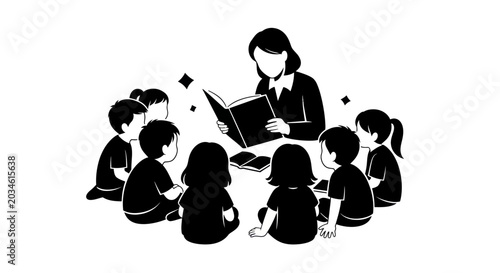 Εκτύπωση καμβά Teacher reading book to attentive children in a circle, illustration