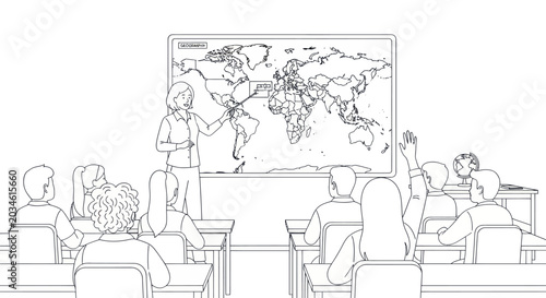 Bild auf Leinwand Teacher pointing at world map in classroom with students raising hands