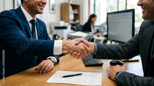 Two professional business partners finalize a deal with a firm handshake, symbolizing agreement and partnership in an office setting, highlighting trust and collaboration
