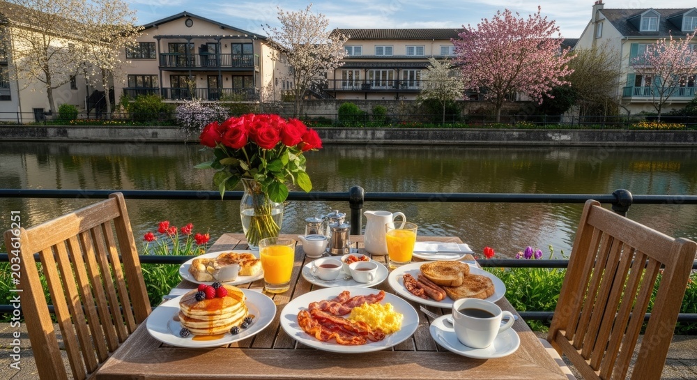 Obraz premium Outdoor breakfast table set by a peaceful riverside with assorted dishes, fresh juice, and flowers, creating a relaxing morning dining atmosphere with scenic view