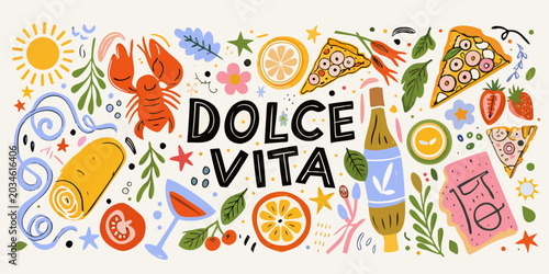 Italian themed food and floral vector illustration with handwritten typography