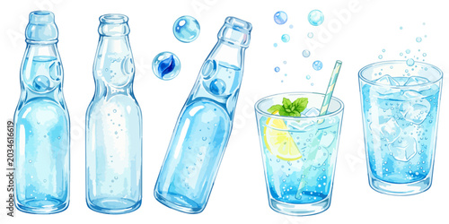 Foto ラムネ瓶と炭酸水ドリンクの水彩イラストセット｜レモンソーダと涼しい夏素材
