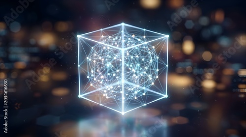 Abstract Digital Network Inside a Luminous Wireframe Cube, Illustrating Advanced Data Connections, Artificial Intelligence, and Future Technology Concepts
