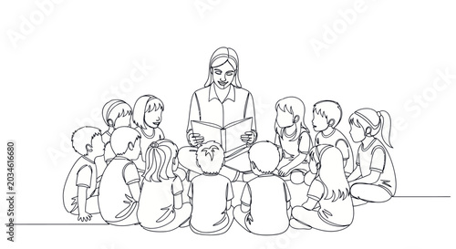 Εκτύπωση καμβά Teacher reading to a group of attentive children sitting in a circle, line art