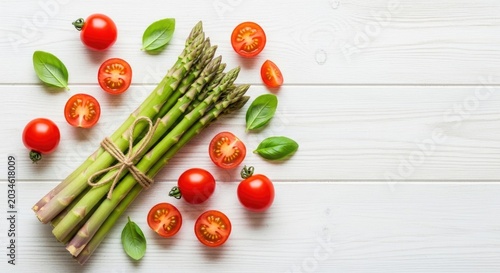 asparagus and tomatoes on white wooden table