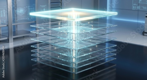 Futuristic Glass Structure with Glowing Blue Layers in Modern Laboratory Setting